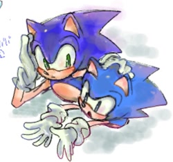 Size: 893x837 | Tagged: safe, artist:umerouge, sonic the hedgehog, classic sonic, duo, hand on another's head, head rest, looking at them, mouth open, self paradox, simple background, white background