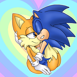 Size: 2048x2048 | Tagged: safe, artist:gayspudling, miles "tails" prower, sonic the hedgehog, 2024, abstract background, base used, cute, duo, eyes closed, gay, hand on another's head, heart, looking at them, outline, shipping, smile, sonic x tails