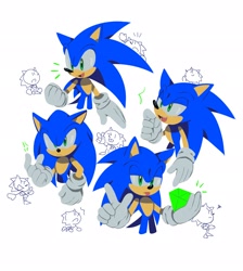 Size: 1834x2048 | Tagged: safe, artist:zhymfu, sonic the hedgehog, 2024, chaos emerald, frown, holding something, lineless, looking at viewer, looking offscreen, mouth open, pointing, simple background, smile, solo, standing, tongue out, white background