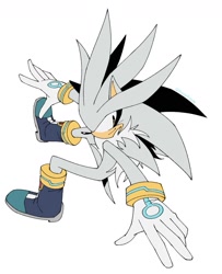 Size: 1381x1703 | Tagged: safe, artist:trizziefrizzie, silver the hedgehog, 2025, flat colors, looking back, looking offscreen, posing, simple background, smile, solo, white background