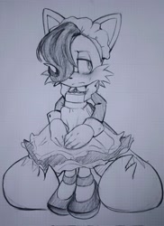 Size: 1489x2048 | Tagged: safe, artist:funkiepoop, miles (anti-mobius), 2024, blushing, crossdressing, femboy, frown, hair over one eye, lidded eyes, line art, looking offscreen, maid outfit, monochrome, pencilwork, solo, standing, sweatdrop, traditional media